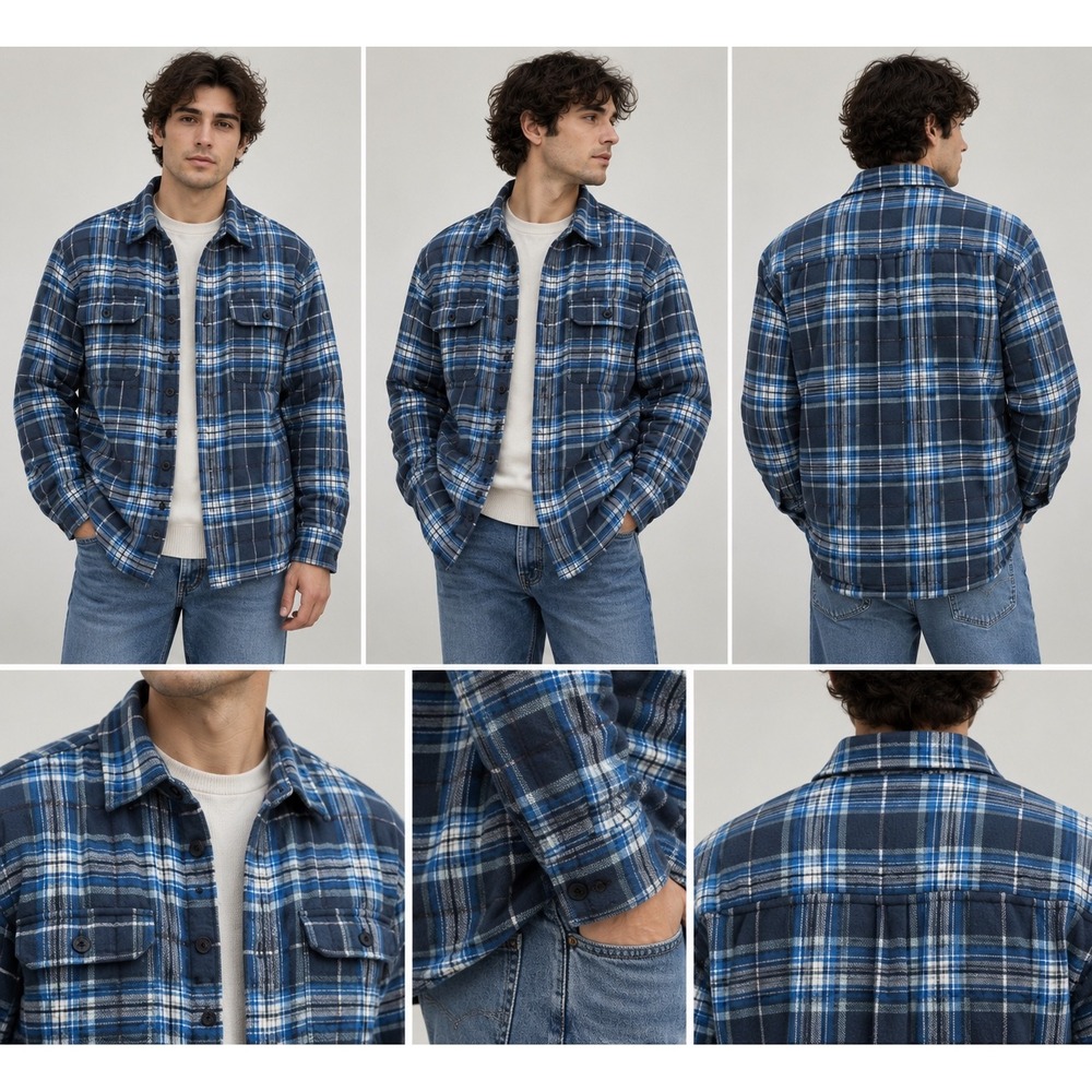LL Bean Mens Fleece Lined Flannel Shirt Jacket Blue Plaid Traditional Fit Large